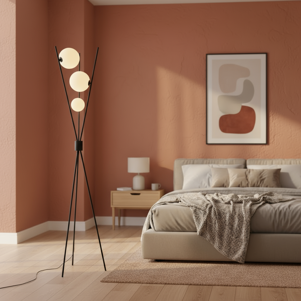 Modern bedroom with a bed, floor lamp, and abstract art on a red wall.