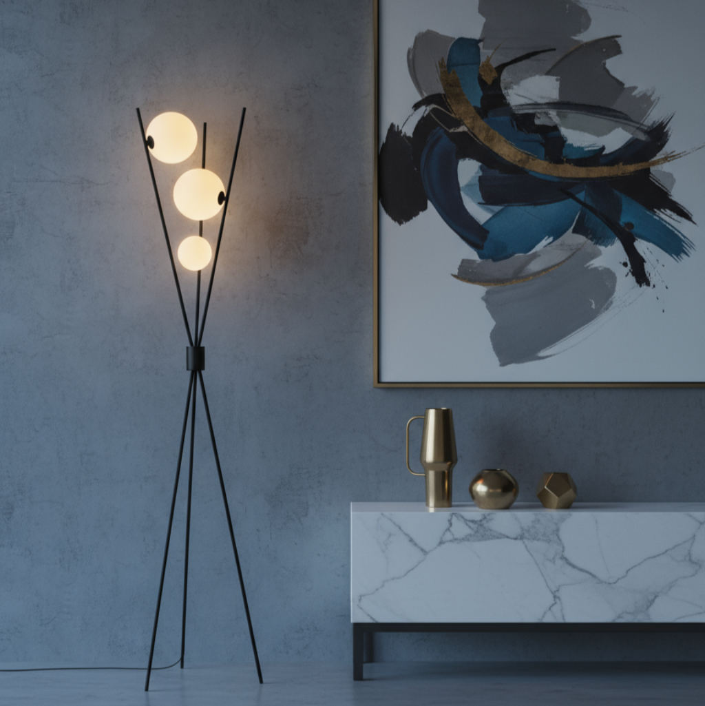 Modern interior design with a floor lamp, abstract painting, and marble console table.