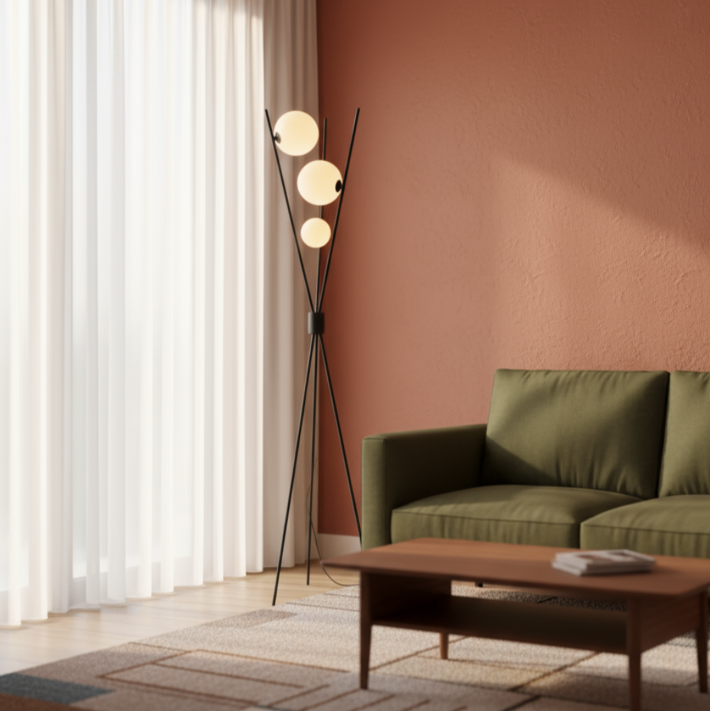 Modern living room with a green sofa, wooden coffee table, and floor lamp against a red wall.