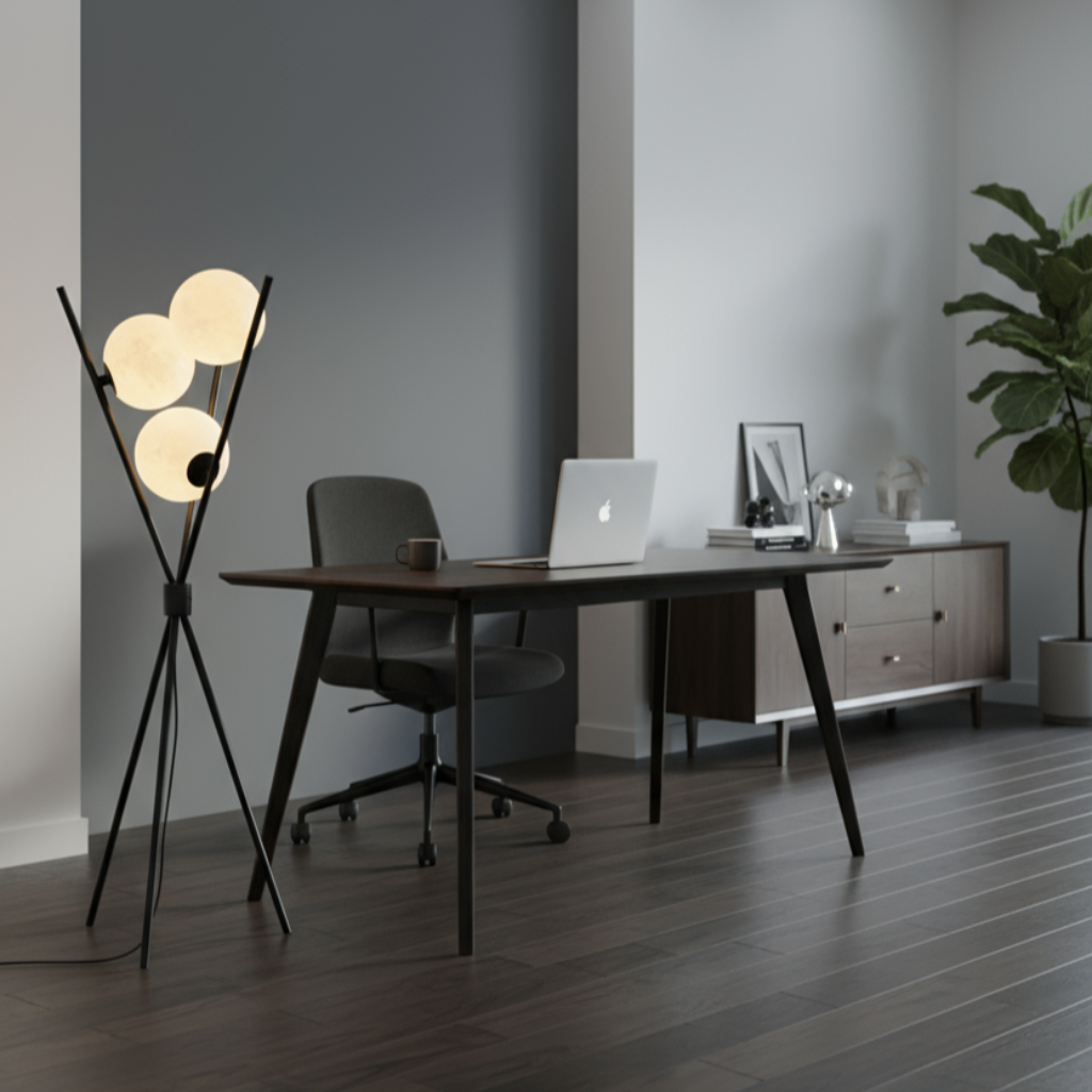 Modern office space with a desk, chair, and decorative elements.
