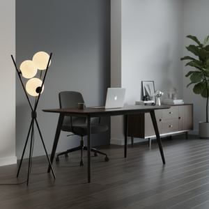 Modern office space with a desk, chair, and decorative elements.