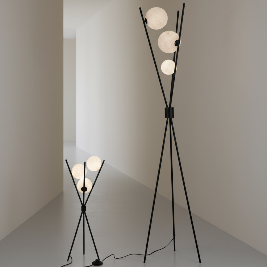 Two modern black floor lamps with spherical lights on a plain wall background