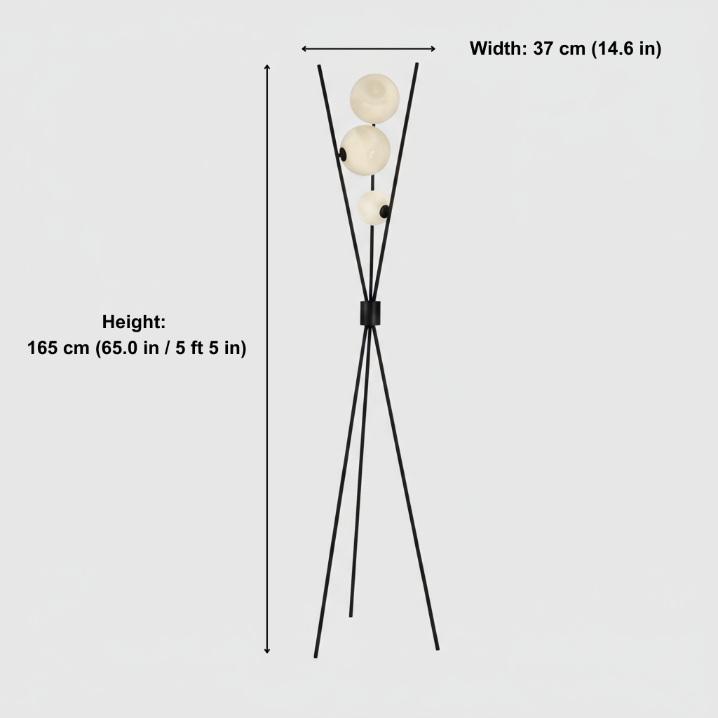 Futuristic lamp design with dimensions on a light gray background