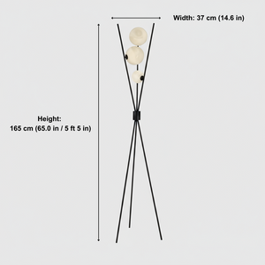 Futuristic lamp design with dimensions on a light gray background