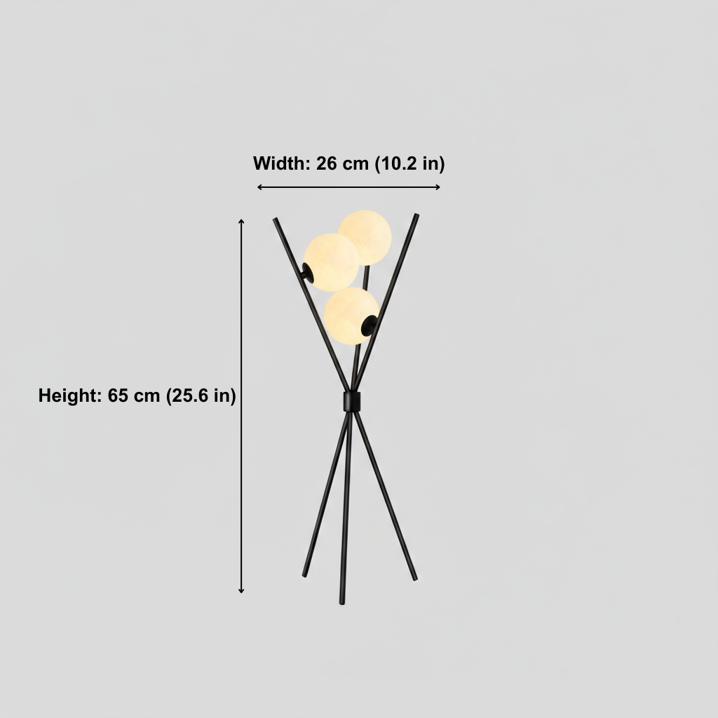 Floor lamp with dimensions on a gray background