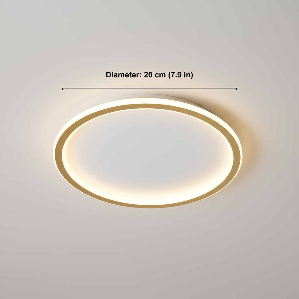 Ceiling light fixture with measurement text on a plain background