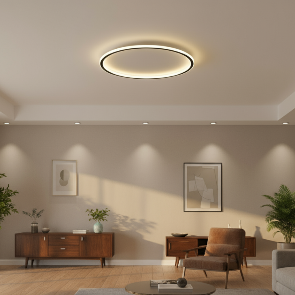 Modern living room with ceiling light fixture, furniture, and decor.