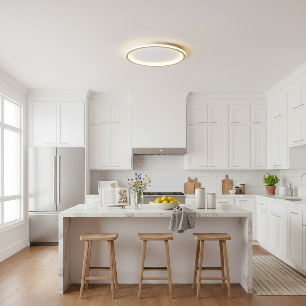 Modern kitchen with white cabinets, marble island, and wooden stools.