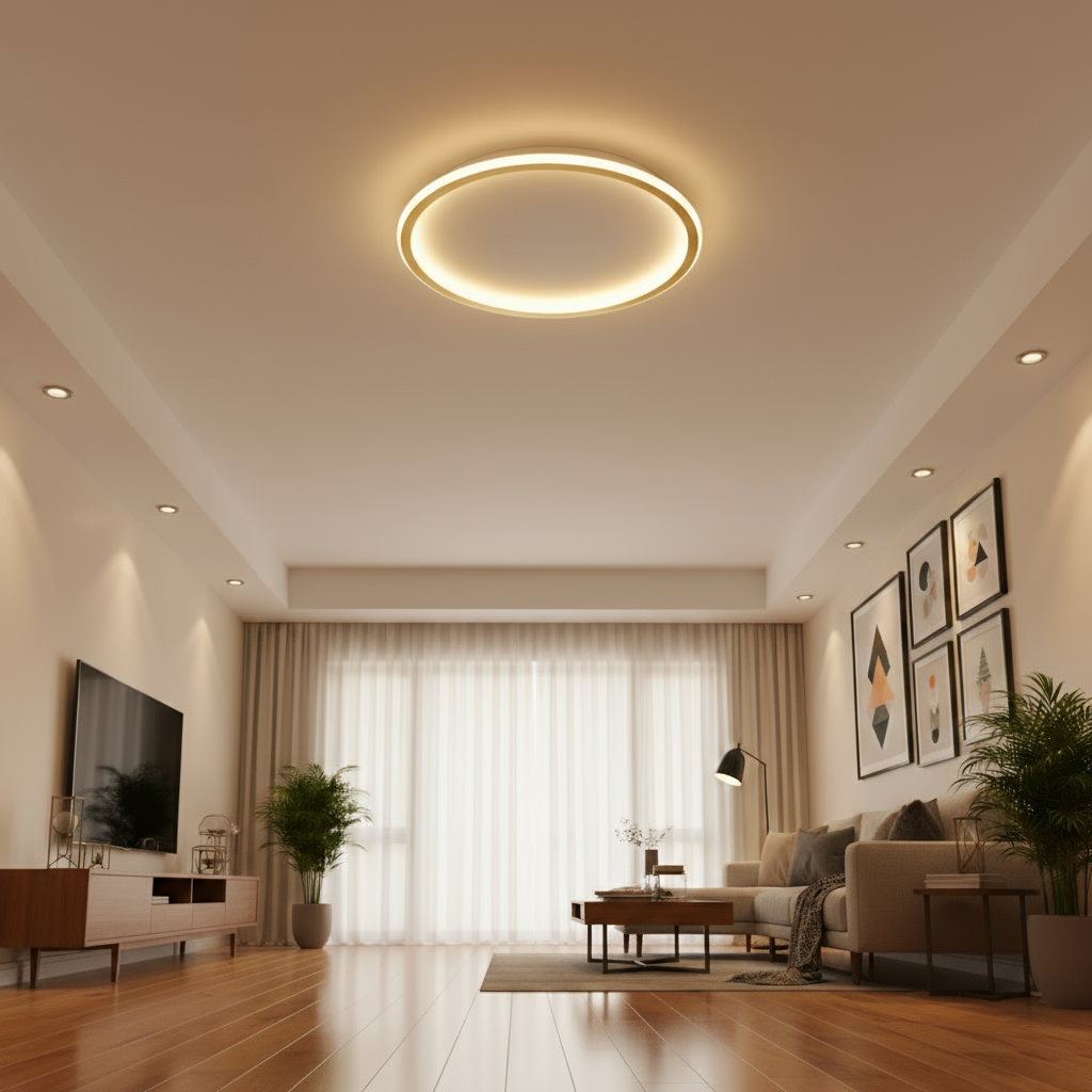 Modern living room with a ceiling light fixture