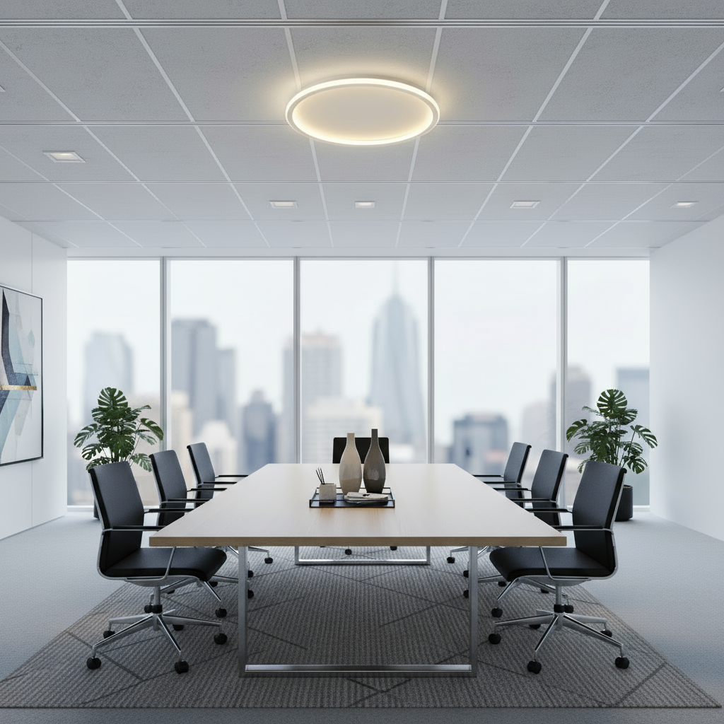 Modern conference room with a large table and chairs, large windows, and cityscape view.