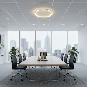 Modern conference room with a large table and chairs, large windows, and cityscape view.