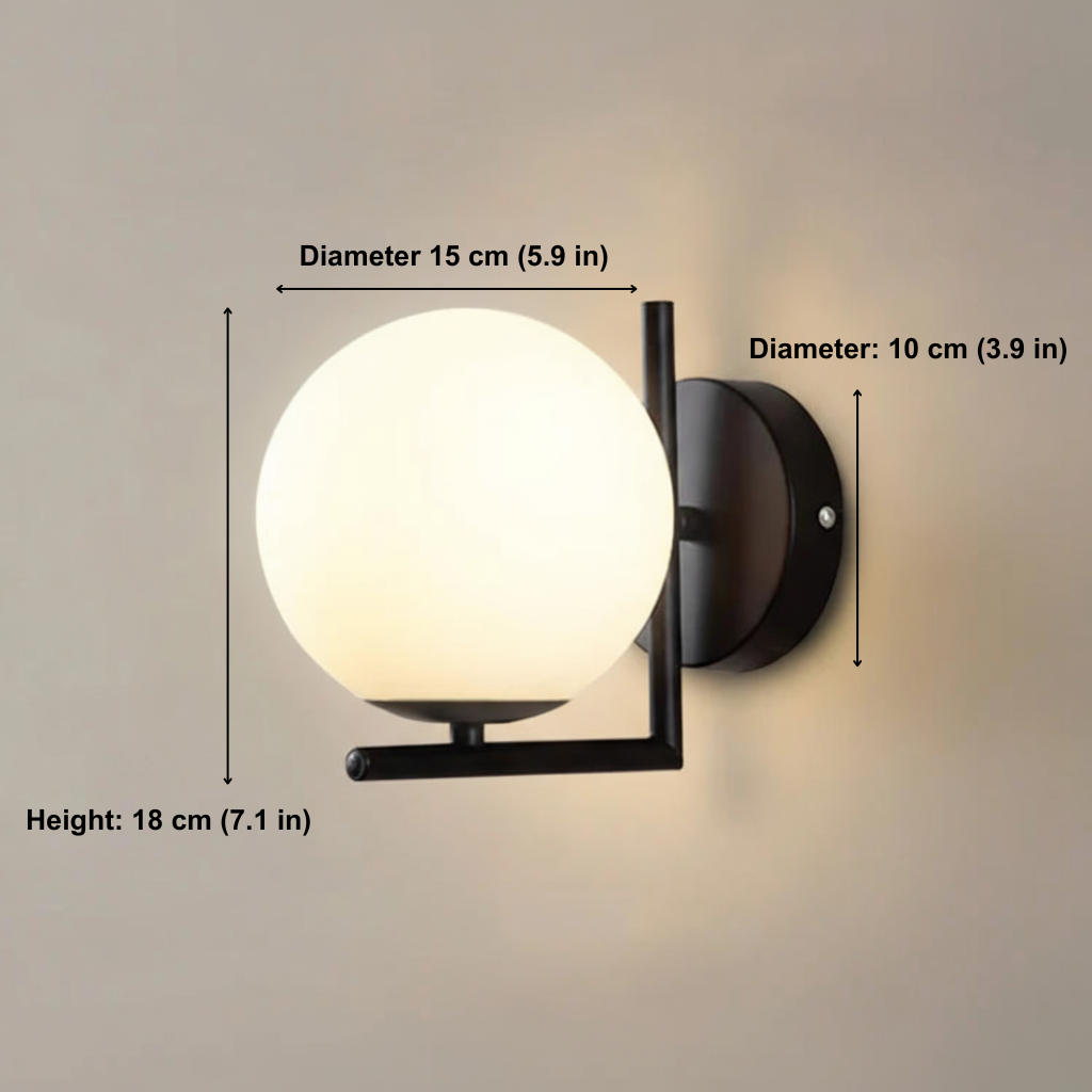 Wall-mounted light fixture with measurements on a plain background