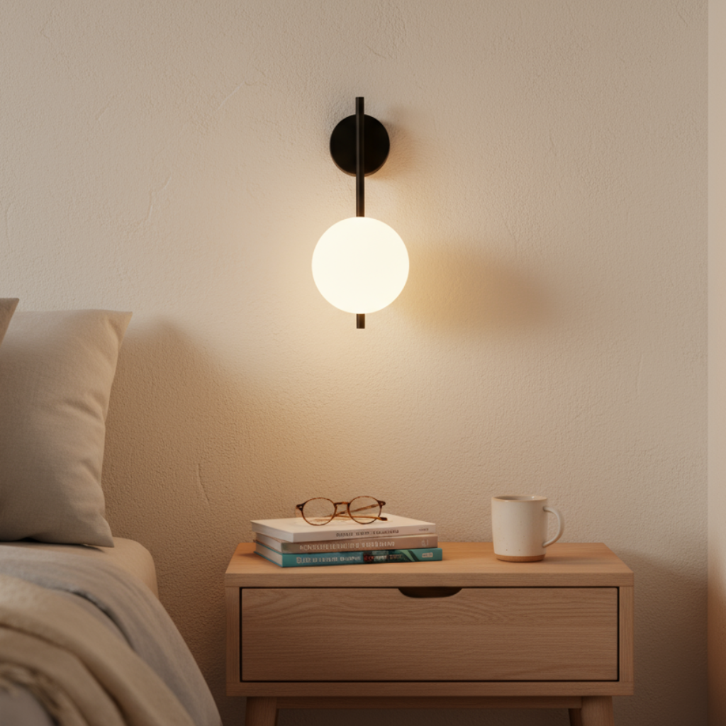Bedroom scene with a nightstand, lamp, and books against a neutral wall.