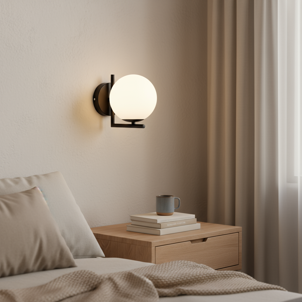 Wall-mounted lamp above a nightstand with books and a mug in a bedroom setting.