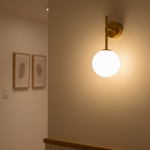 Wall-mounted light fixture on a beige wall with framed pictures in the background.