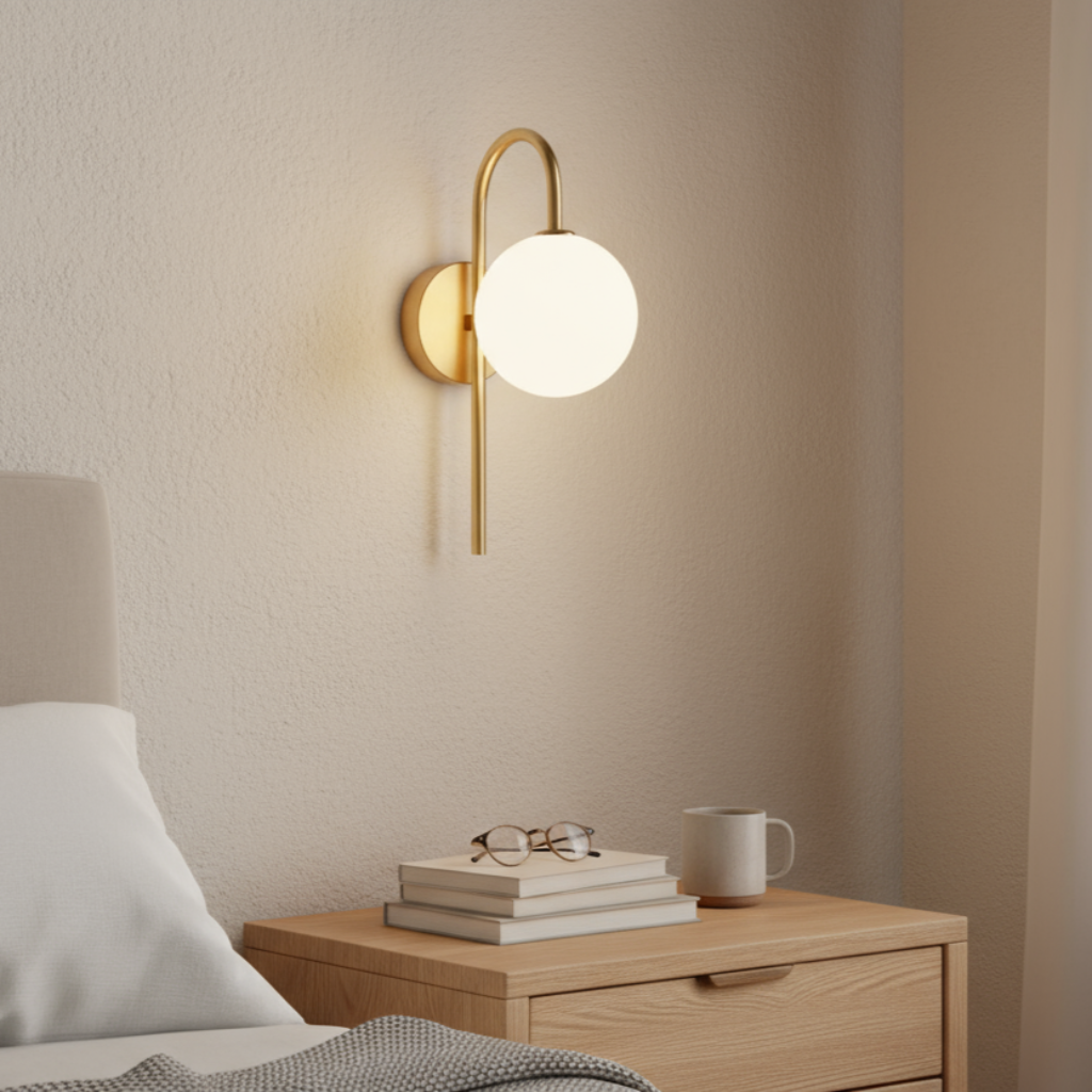 Wall-mounted lamp on a neutral wall above a wooden nightstand with books and a mug.