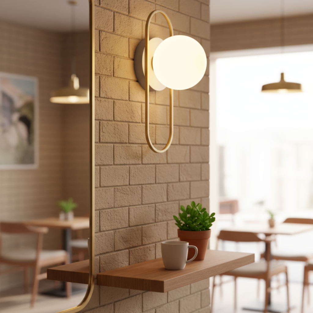 Wall-mounted lamp on a brick wall in a cozy cafe setting