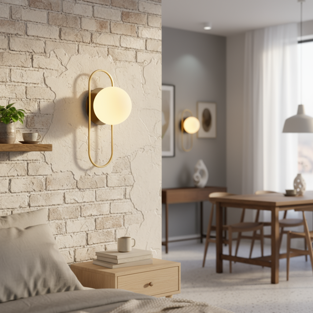 Modern bedroom with stone wall, bedside table, and wall-mounted lights.