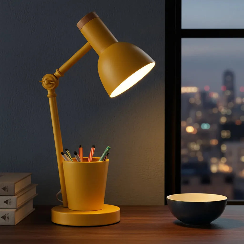 Yellow desk lamp on a table with books and a bowl, city lights visible through a window.