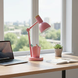 Pink desk lamp on a wooden desk with a laptop and books, near a window with a view of greenery.