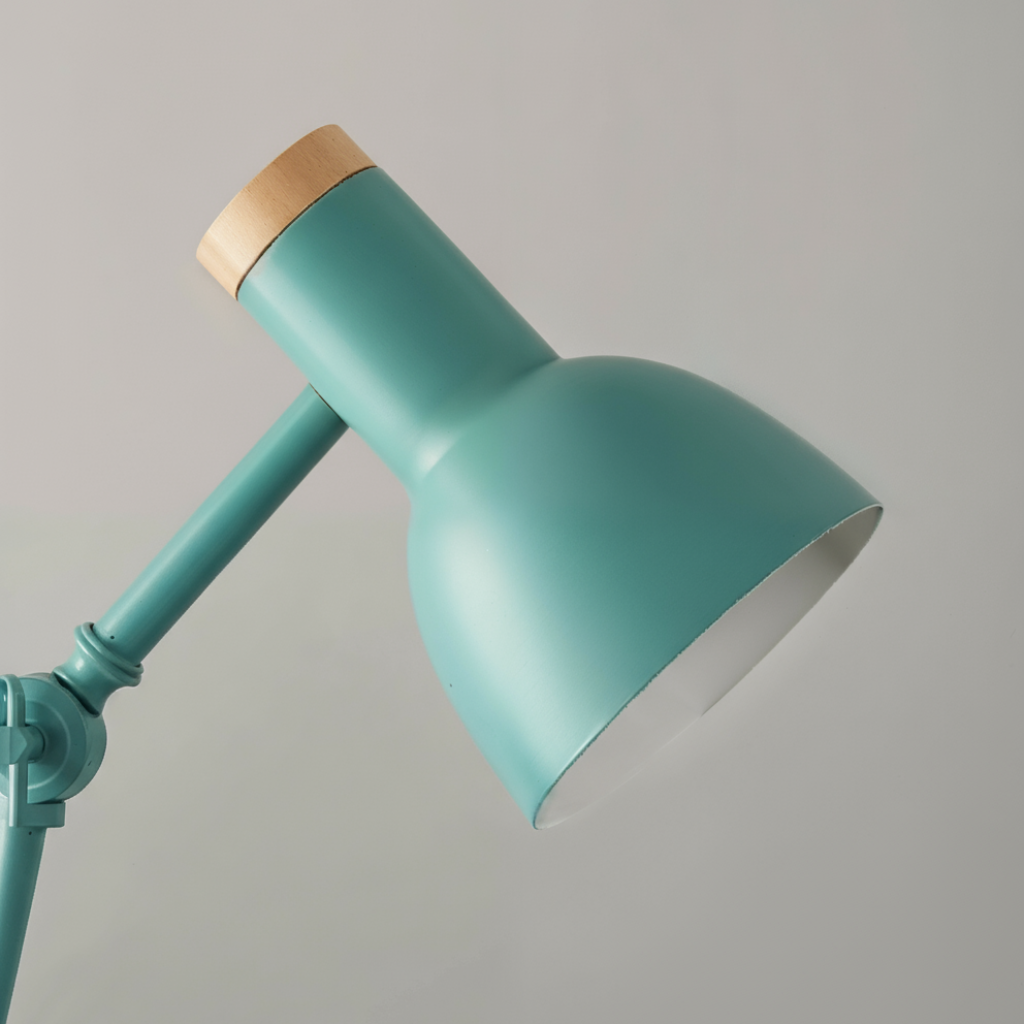 Turquoise lamp with a wooden accent on a gray background