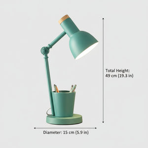 Green desk lamp with pencil holder and measurements on a light gray background