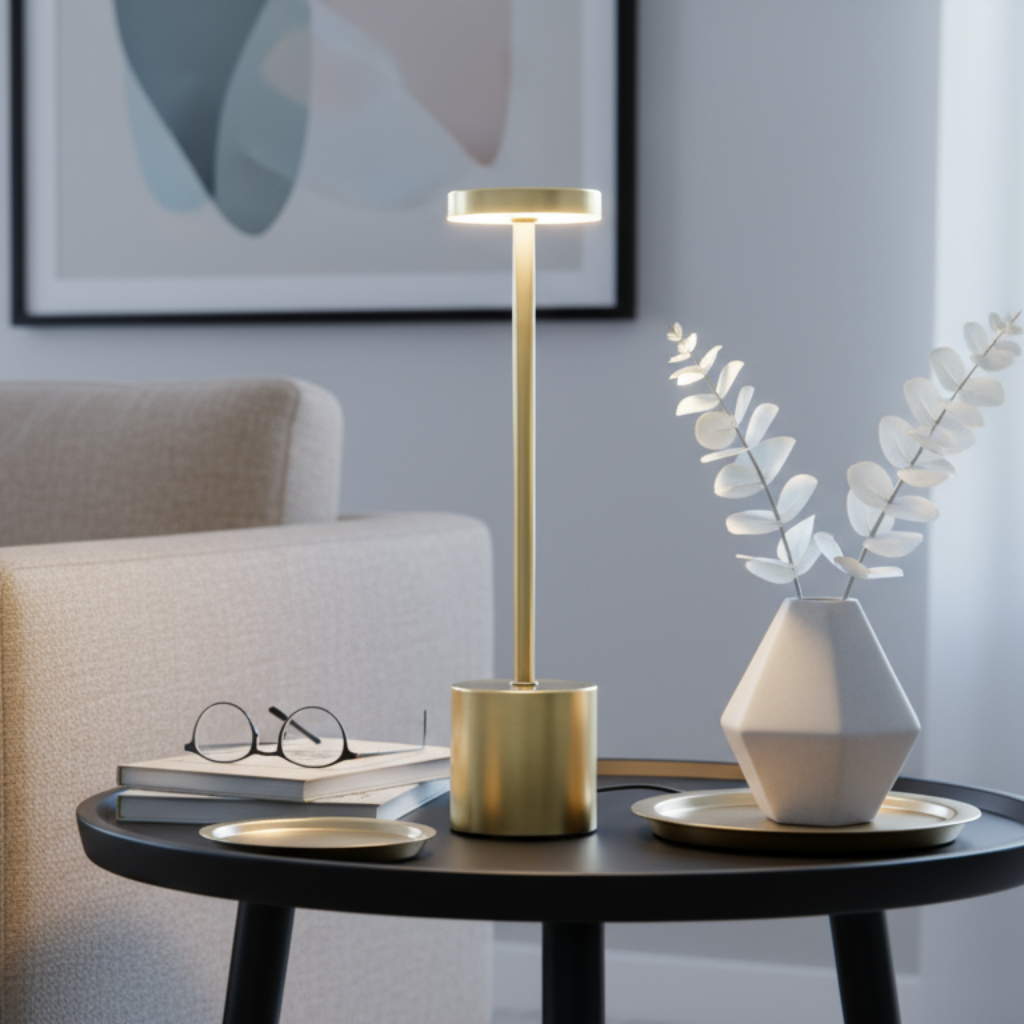 Modern living room with a lamp, books, and decorative items on a table.