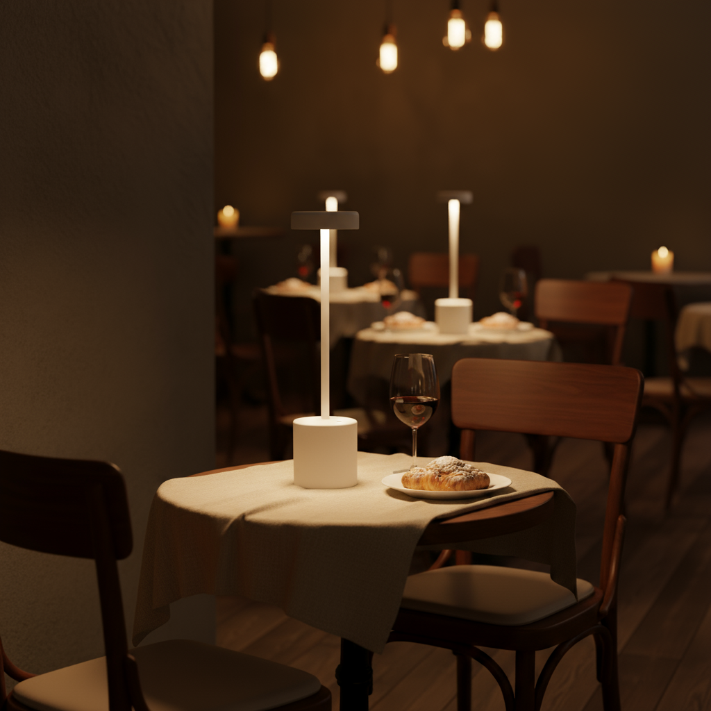 Dining table with a candle and a glass of wine in a dimly lit restaurant.