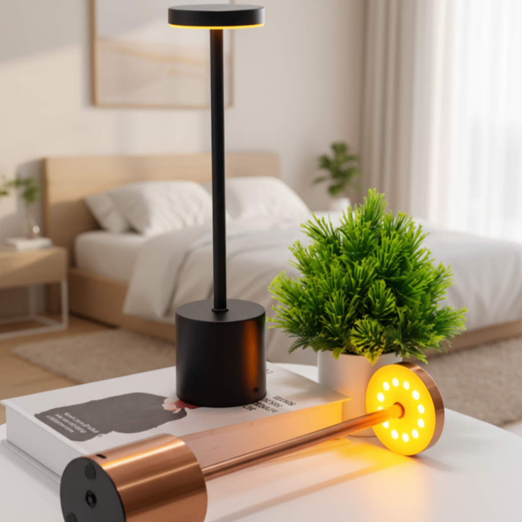 Modern desk lamp with a copper base on a table in a bedroom setting.