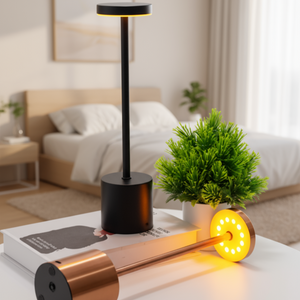 Modern desk lamp with a copper base on a table in a bedroom setting.