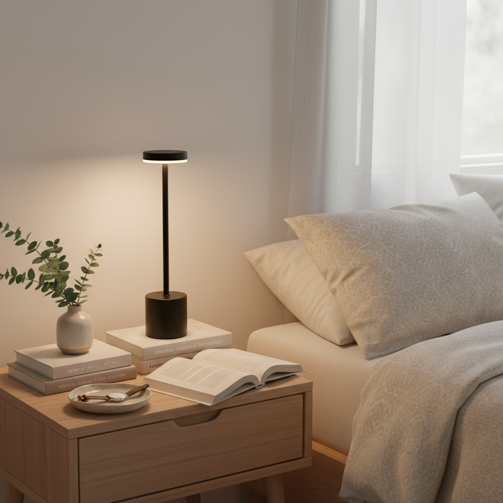 Bedroom scene with a nightstand, lamp, books, and an open book.