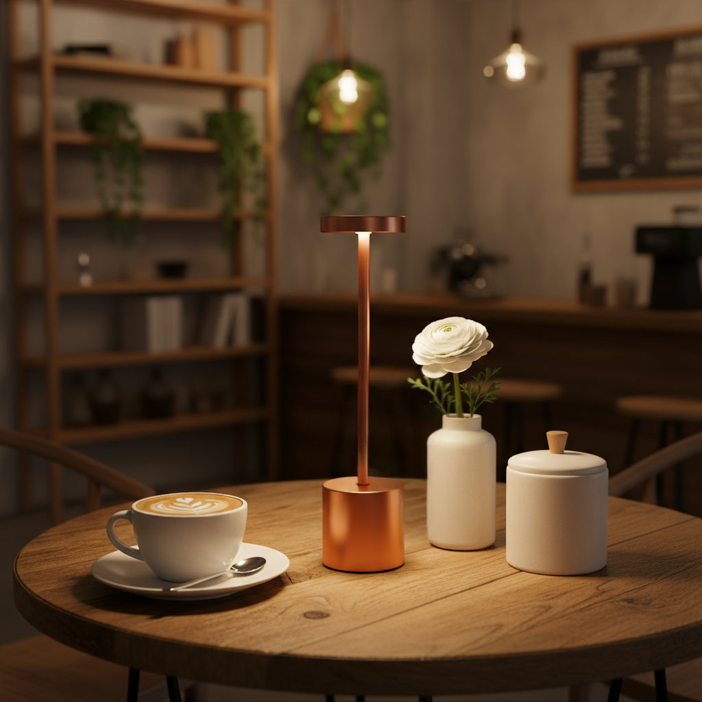 Café setting with a table lamp, cup of coffee, and decorative items.