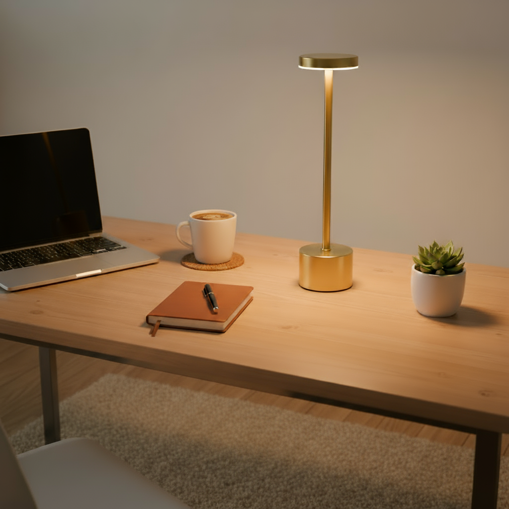Laptop, coffee cup, notebook, pen, and small plant on a wooden desk with a gold lamp.