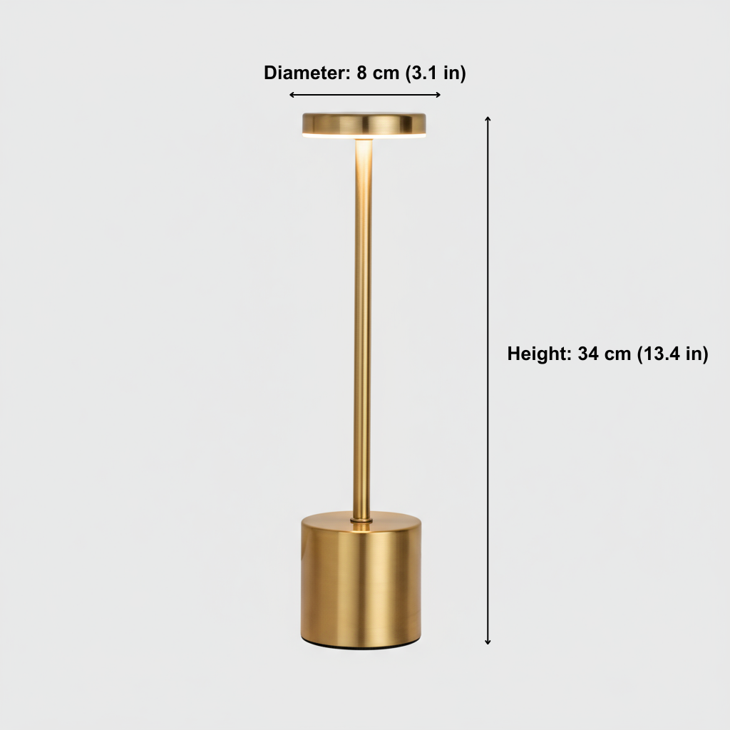 Gold-colored lamp with dimensions labeled on a white background