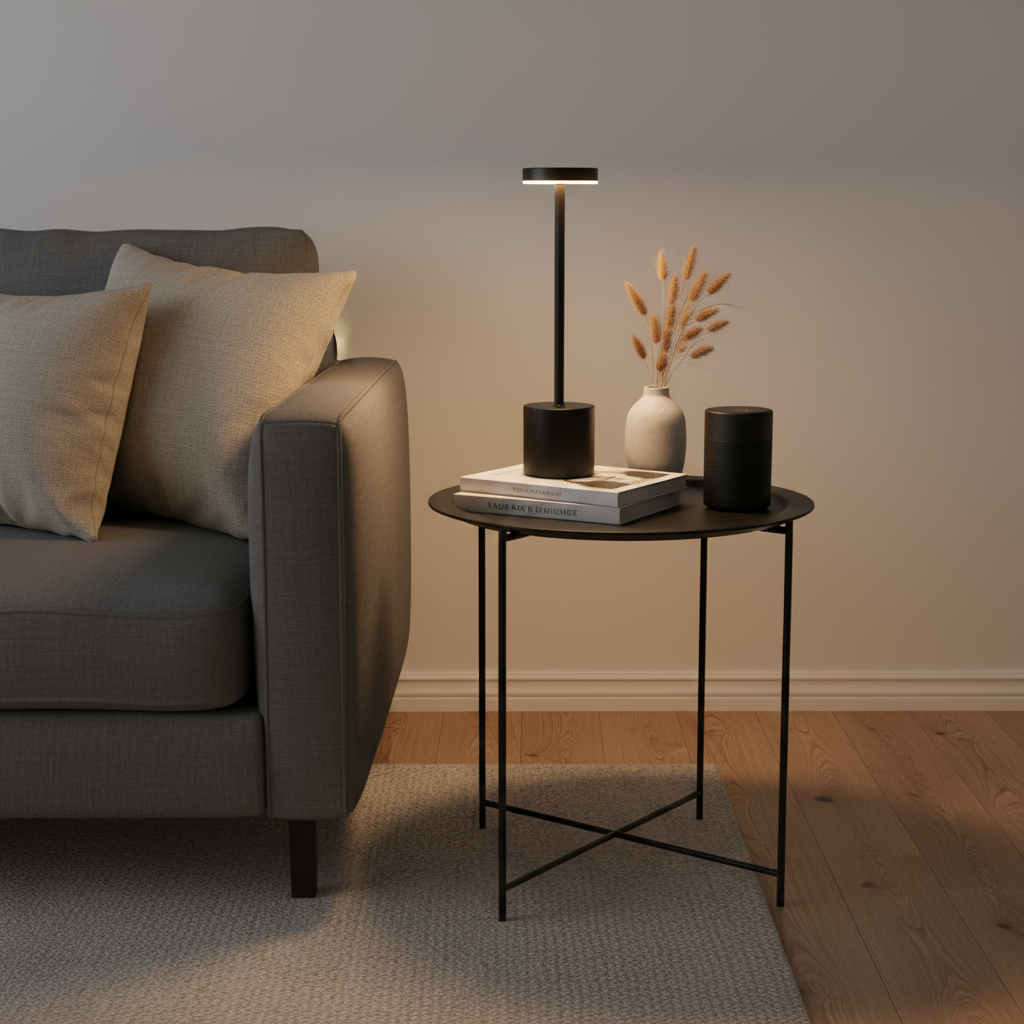 Modern living room with a gray sofa, side table, and decorative items.
