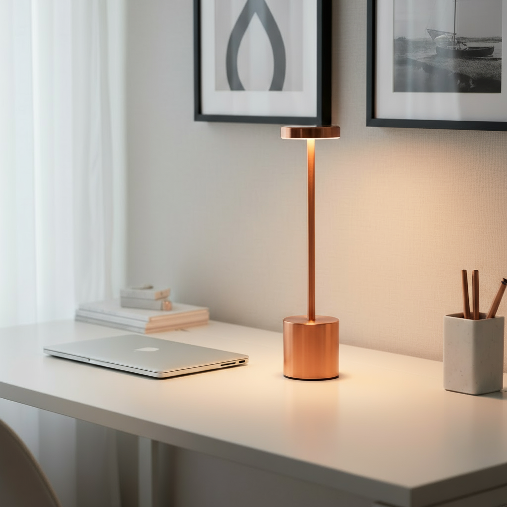 Copper desk lamp on a white desk with a laptop and office supplies, framed pictures on the wall.