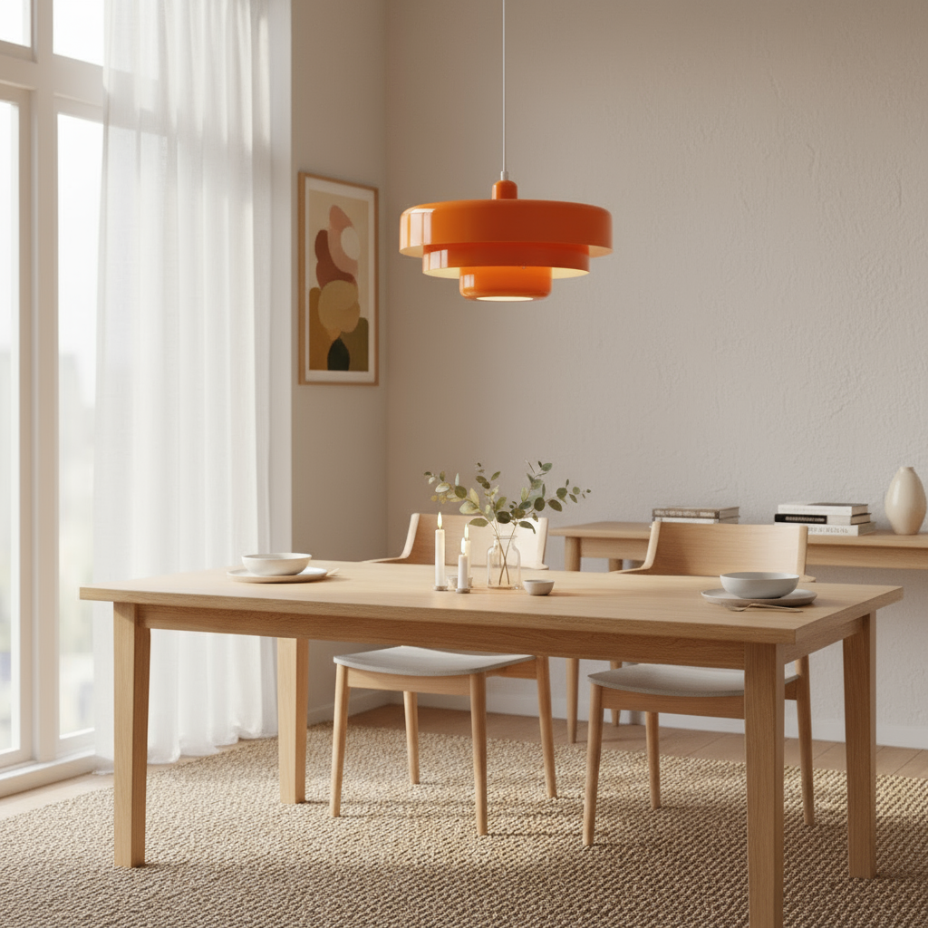 Dining room with wooden table, chairs, and a pendant light fixture.