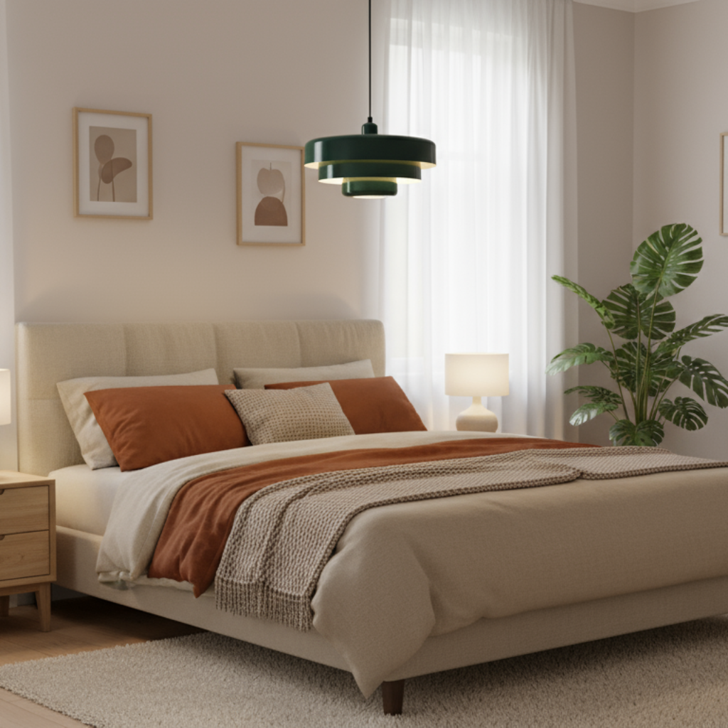 Modern bedroom with a bed, nightstands, and decorative elements.