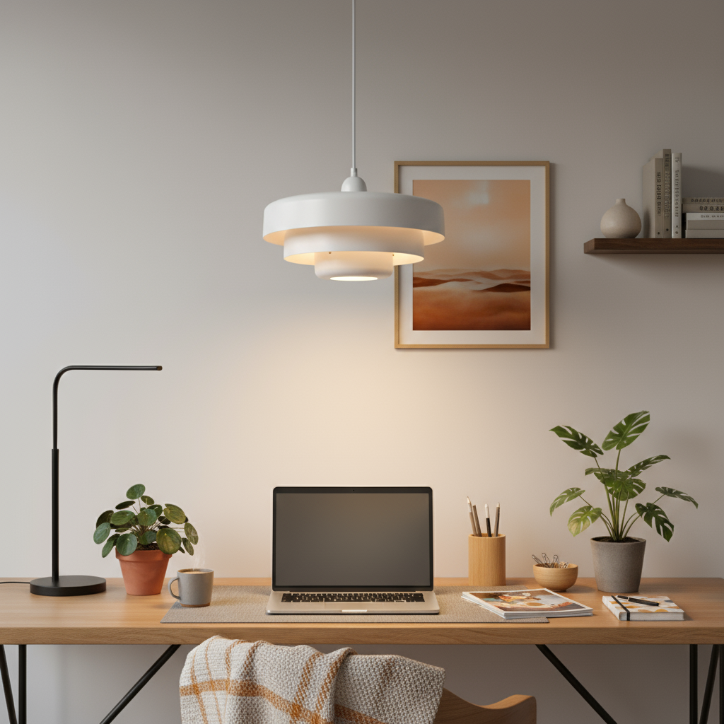 Modern home office with a desk, laptop, plants, and decor.
