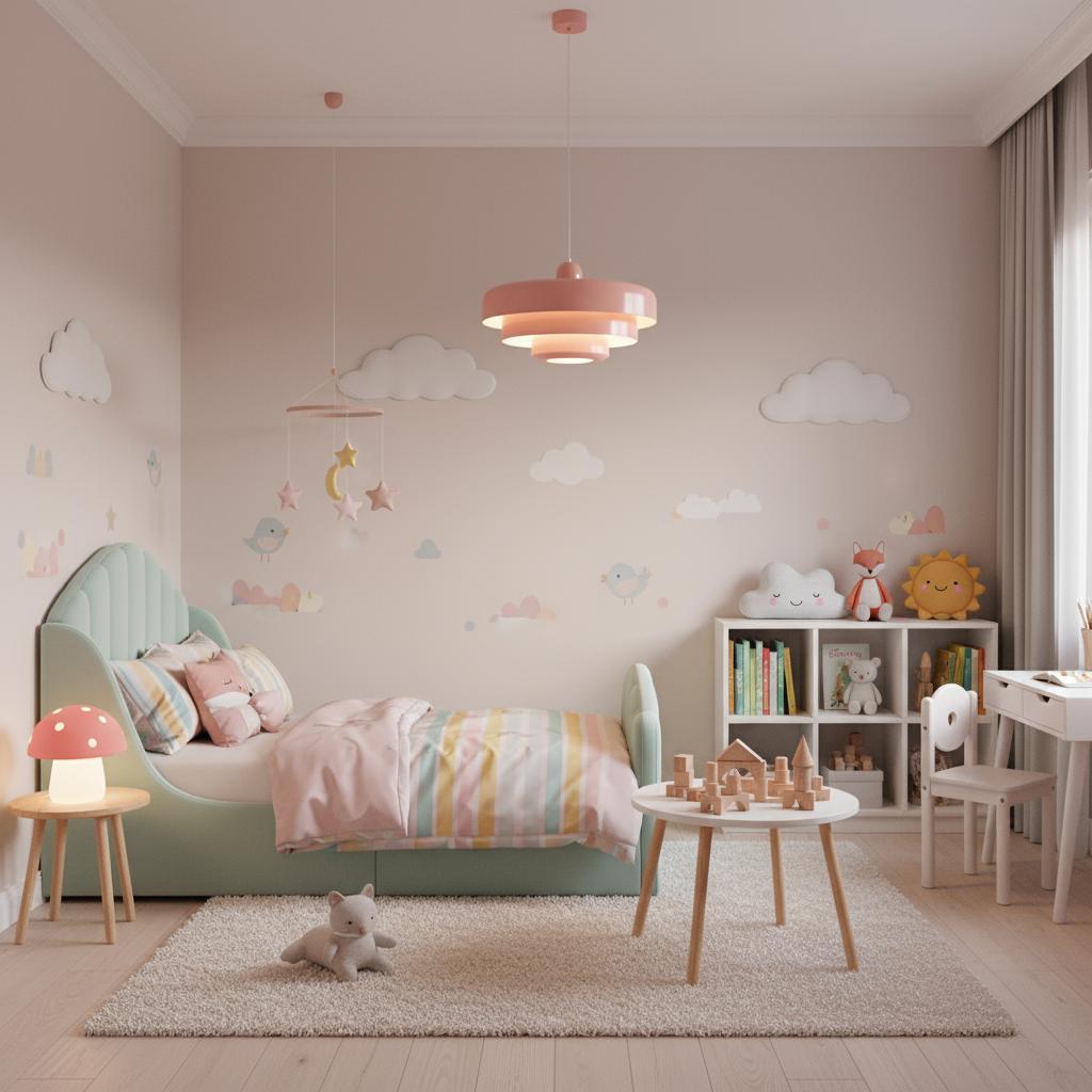 Children's bedroom with pastel colors, toys, and furniture.