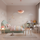 Children's bedroom with pastel colors, toys, and furniture.