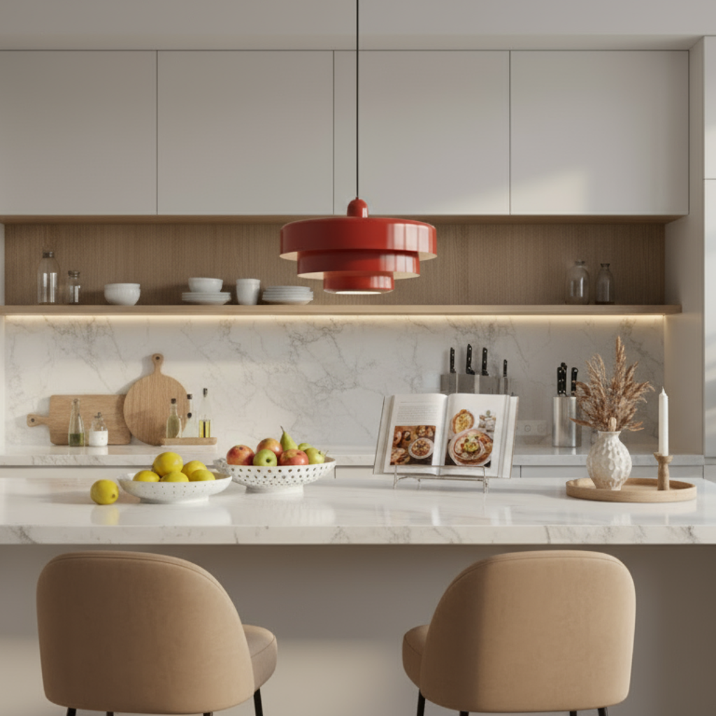 Modern kitchen with white cabinetry, marble countertop, and decorative elements.