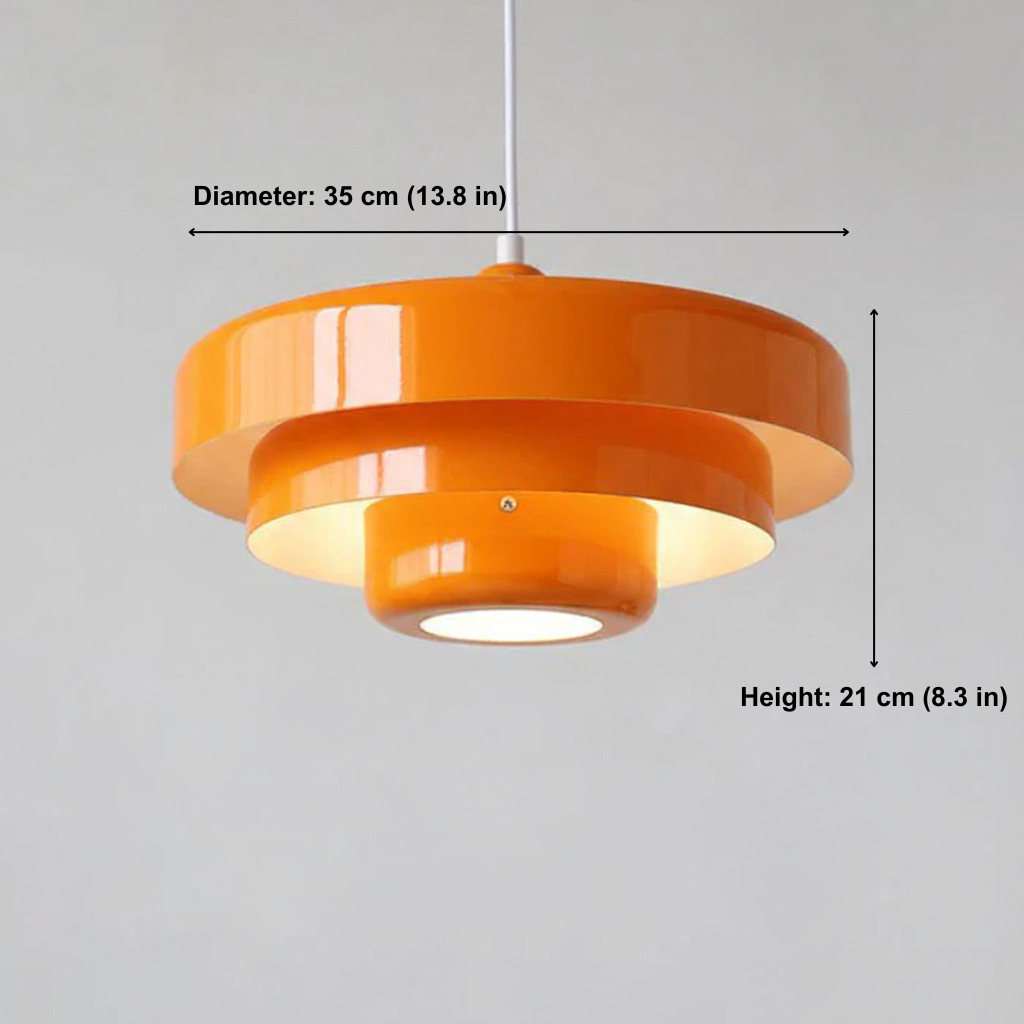 Orange pendant light fixture on a gray background with measurements