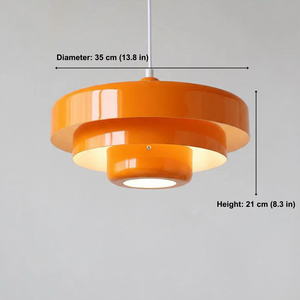 Orange pendant light fixture on a gray background with measurements