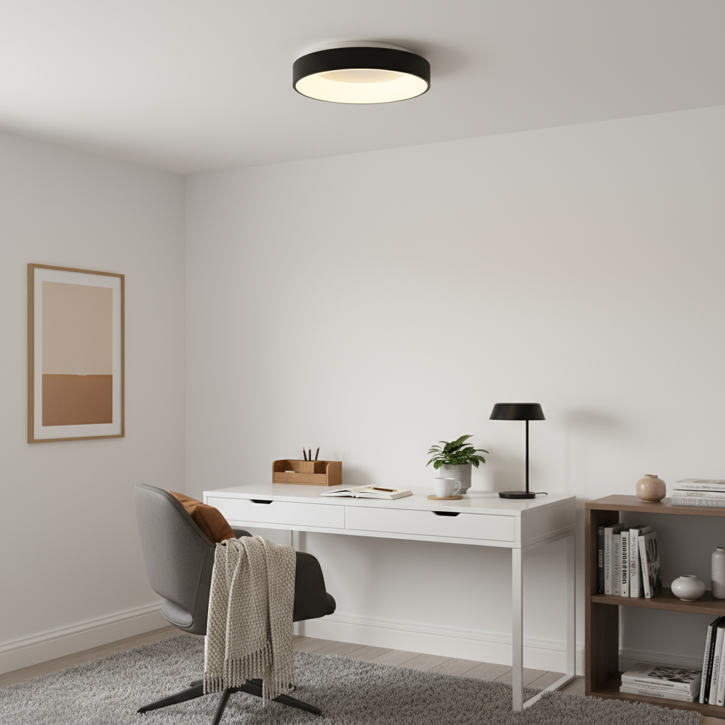 Modern home office with a white desk, chair, and ceiling light.