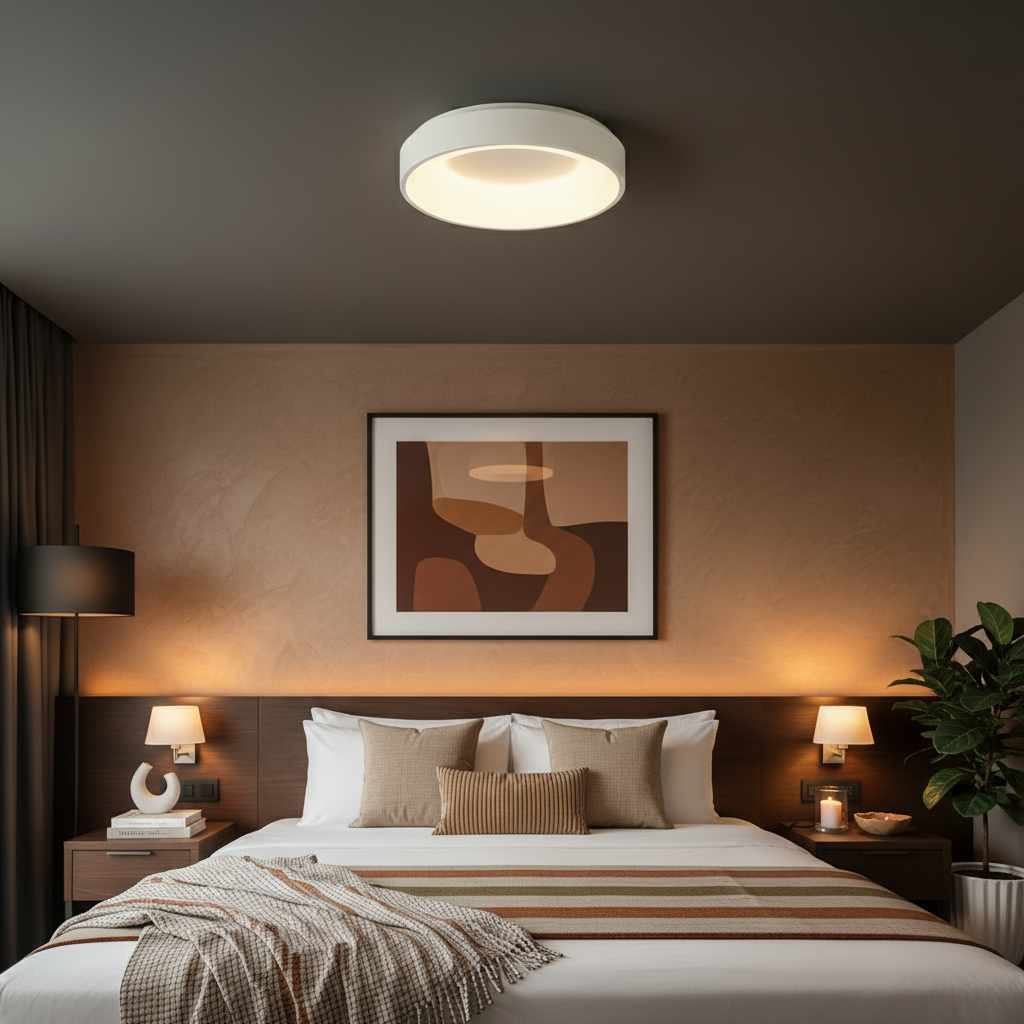 Modern bedroom with a bed, nightstands, and wall art.