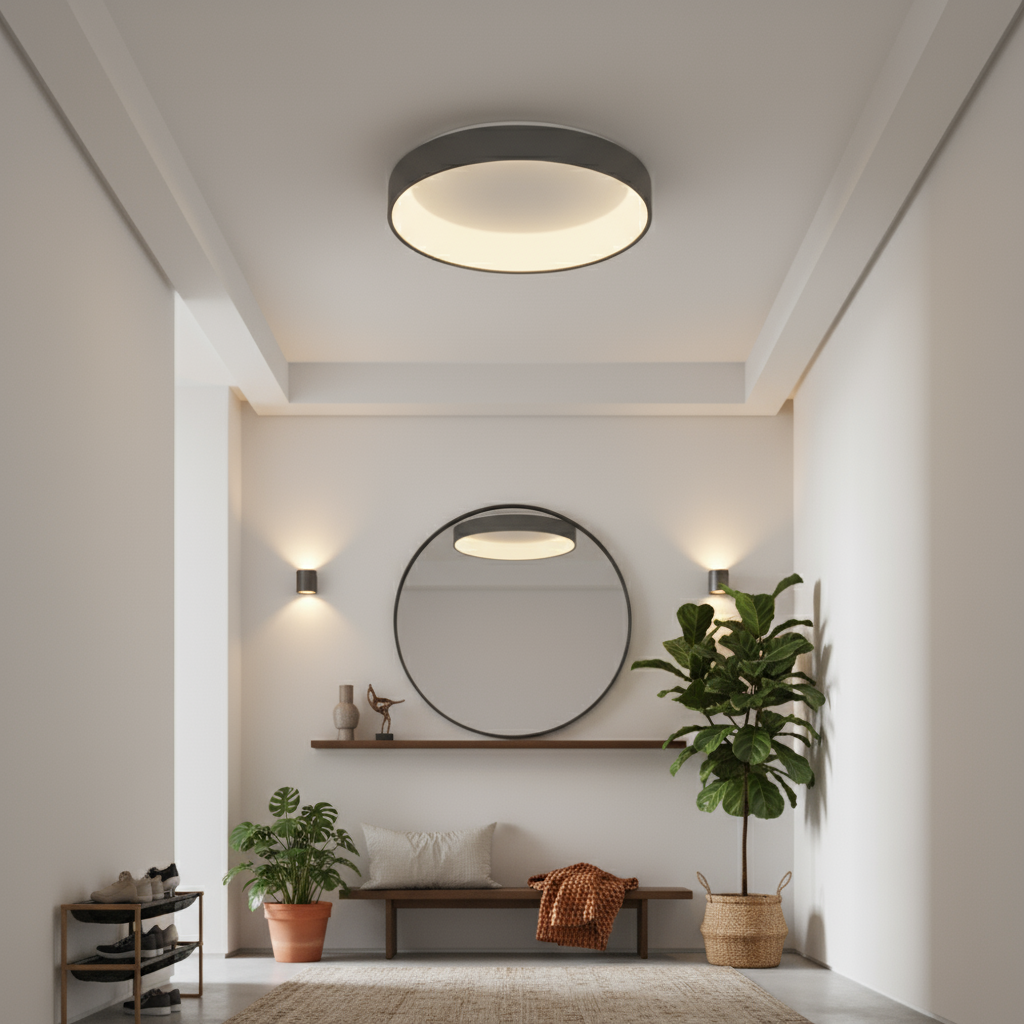 Modern interior design with ceiling light, mirror, and plants