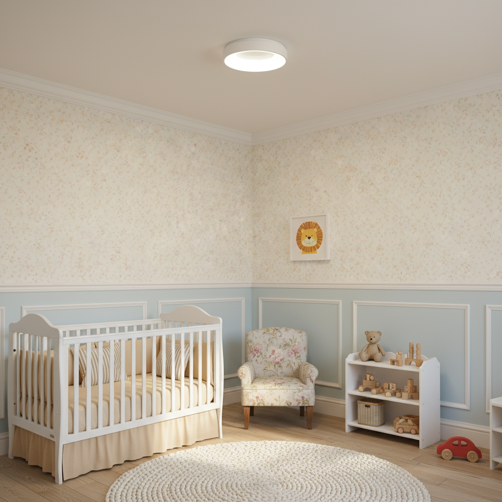 Nursery room with white crib, armchair, and toys on a light blue wall.