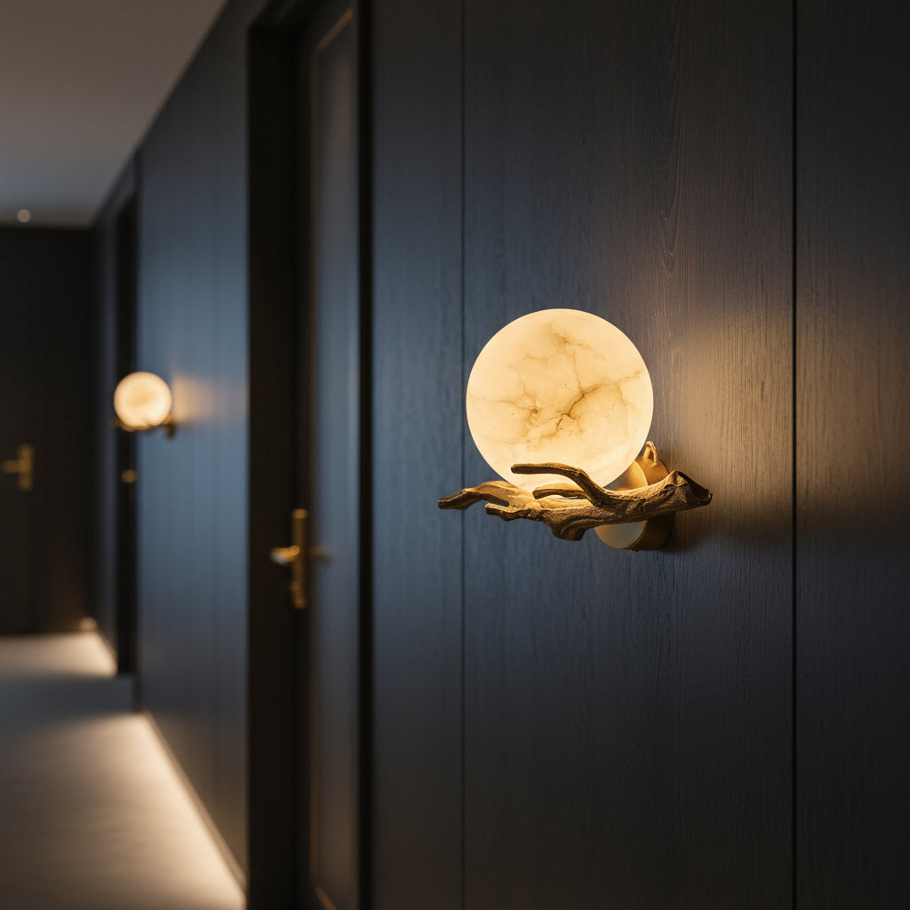 Decorative wall light fixture on a dark wall in a hallway