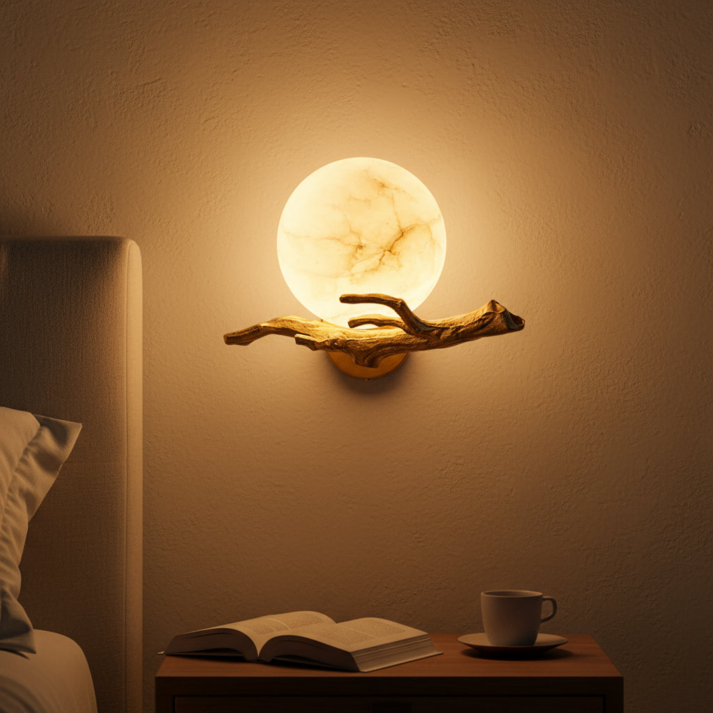 Wall-mounted moon-shaped lamp casting a warm glow in a bedroom setting with an open book and cup on a nightstand.